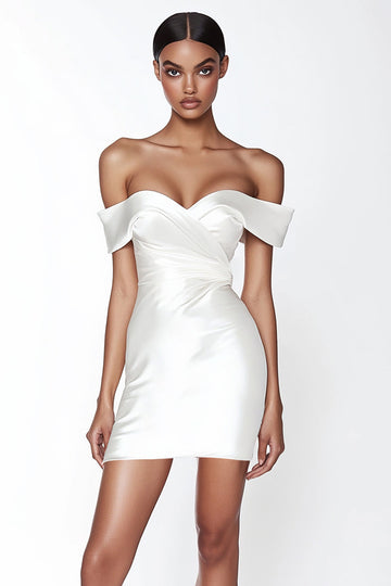 White Off the Shoulder Bodycon Satin Short Graduation Dress